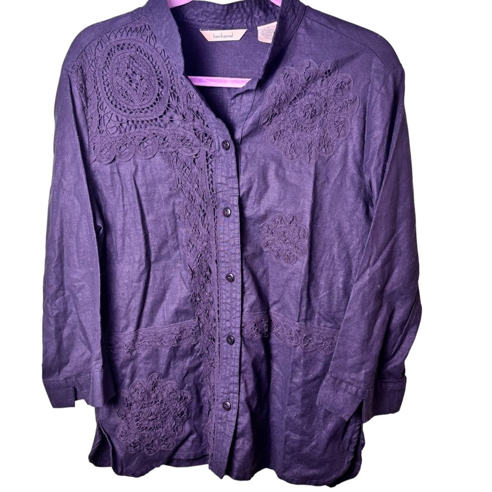 Bechamel Womens Button Up Shirt Black Linen Blend Crochet Embroidered Medium